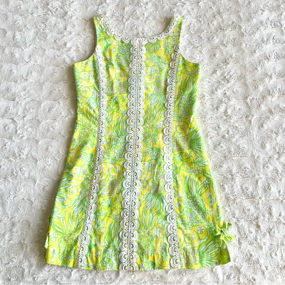 Lilly Pulitzer Dress Girls 14 Yellow Little Delia Shift Cat Crazy Lace Bow AOP